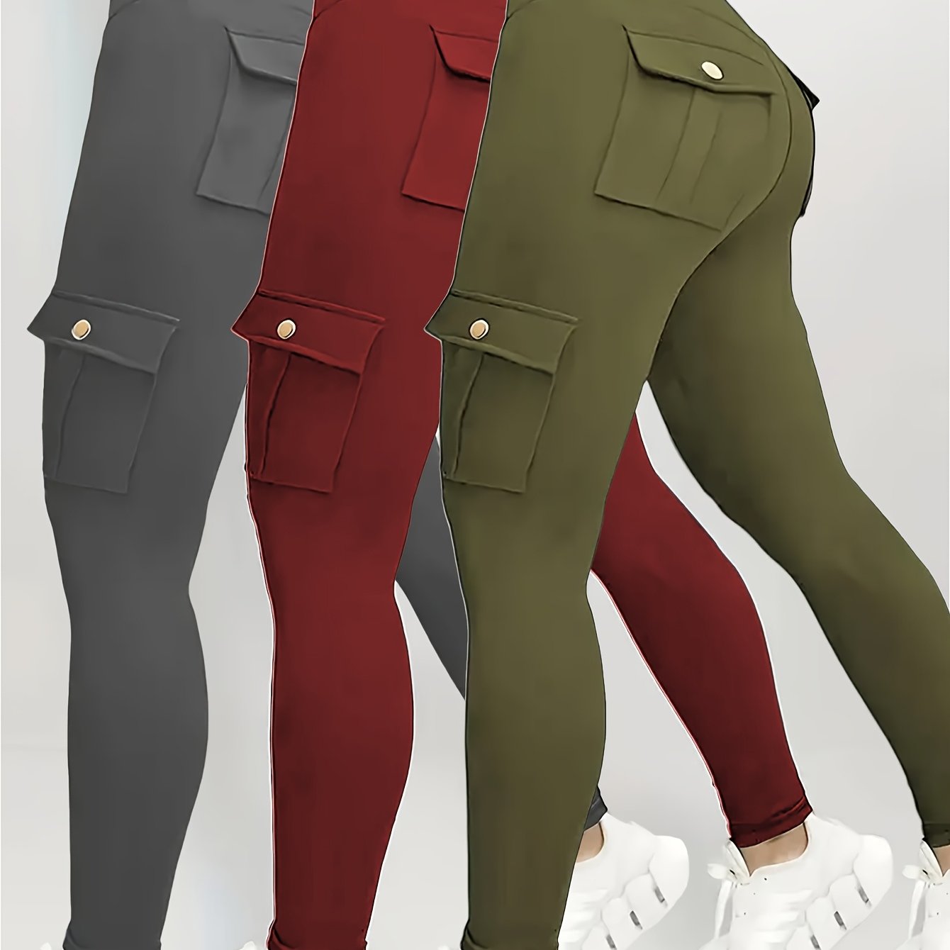 3pcs Women's High Waisted Yoga Tights with Pockets Stretchy Running and Sports Leggings with Button Design Solid Colors Black Navy Blue Gray Flap Pockets and Comfortable Polyester Blend Fabric - Looped In Style