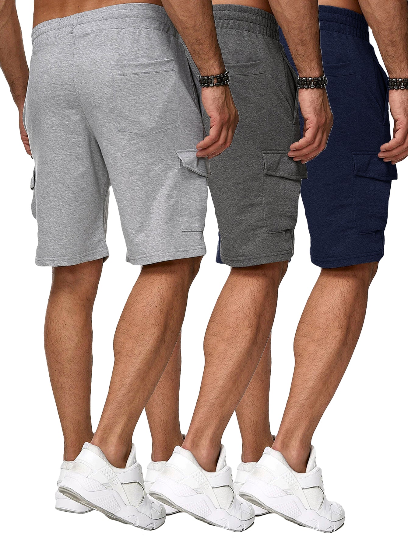 3 Pack Men's Cargo Shorts Sweatshorts with Classic Fit Cargo Pockets Elastic Drawstring Polyester Stretch Shorts for Summer Beach Workout - Looped In Style