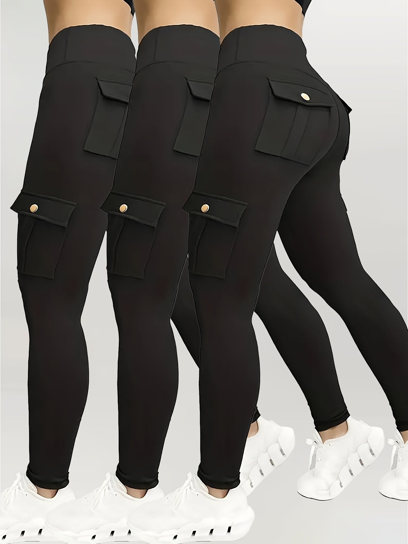 3pcs Women's High Waisted Yoga Tights with Pockets Stretchy Running and Sports Leggings with Button Design Solid Colors Black Navy Blue Gray Flap Pockets and Comfortable Polyester Blend Fabric - Looped In Style