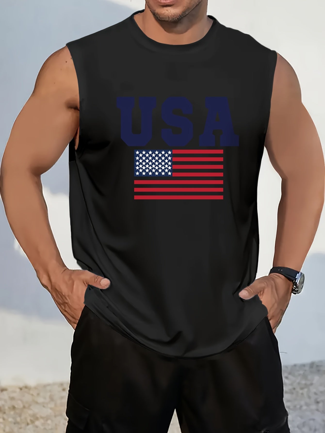 Summer Cotton Men's Fashion USA Letter Printed Short Sleeve T Shirt Round Neck Pullover Breathable Sleeveless Vest - Looped In Style