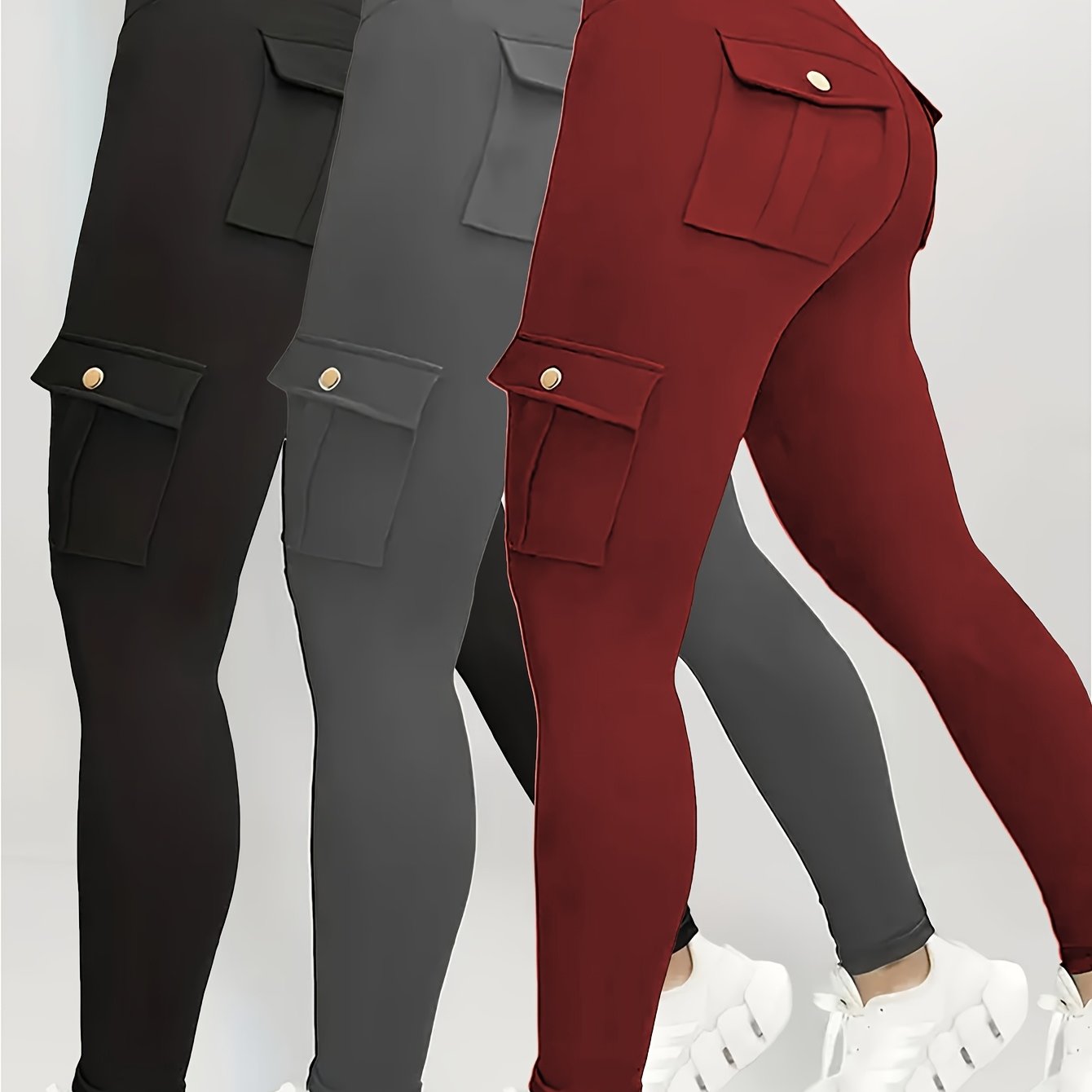 3pcs Women's High Waisted Yoga Tights with Pockets Stretchy Running and Sports Leggings with Button Design Solid Colors Black Navy Blue Gray Flap Pockets and Comfortable Polyester Blend Fabric - Looped In Style