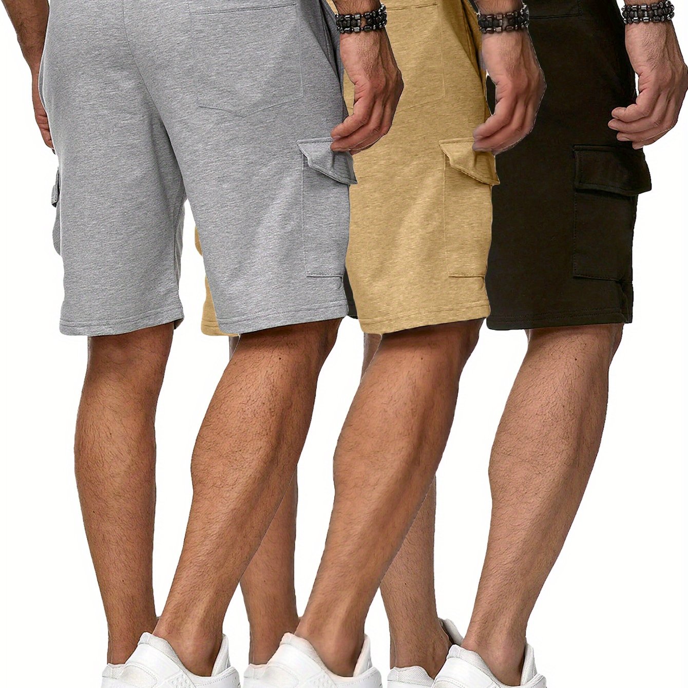 3 Pack Men's Cargo Shorts Sweatshorts with Classic Fit Cargo Pockets Elastic Drawstring Polyester Stretch Shorts for Summer Beach Workout - Looped In Style