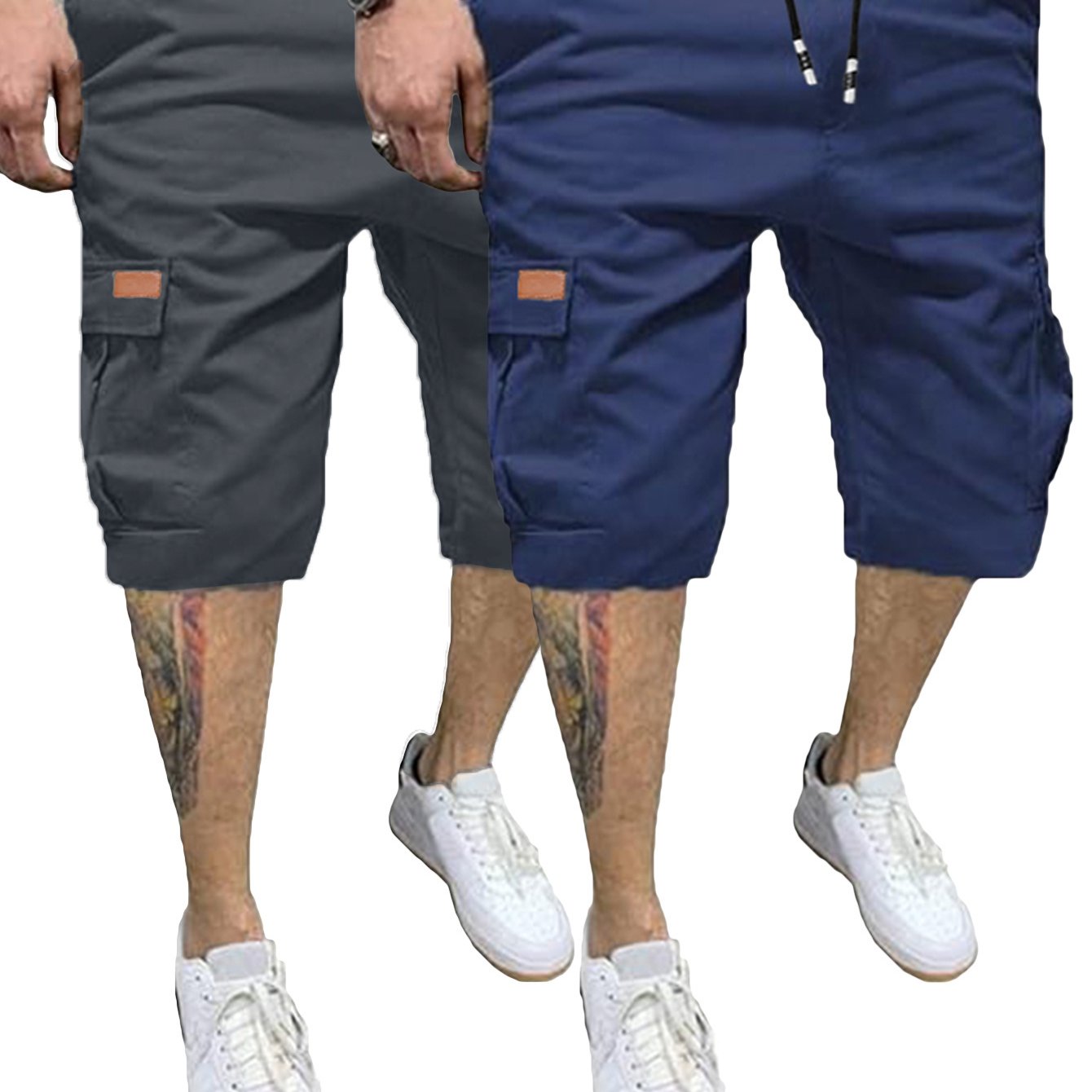 2 Pcs Men's Casual Cargo Shorts with Elastic Drawstring Cotton Stretch and Multiple Pockets - Looped In Style