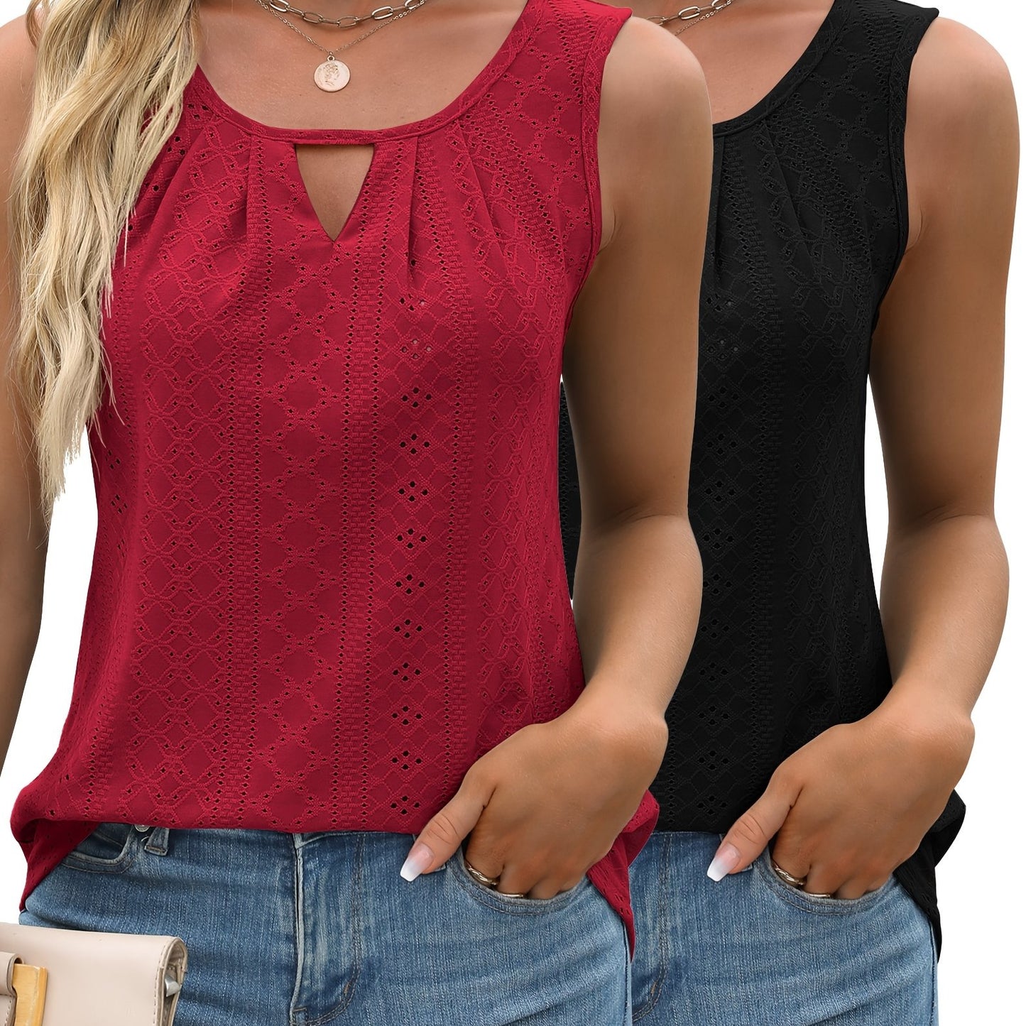 Women's 2pcs Summer Tank Top Set Sleeveless Eyelet Embroidery Loose Fit Business Casual Tops for Work and Casual Wear - Looped In Style
