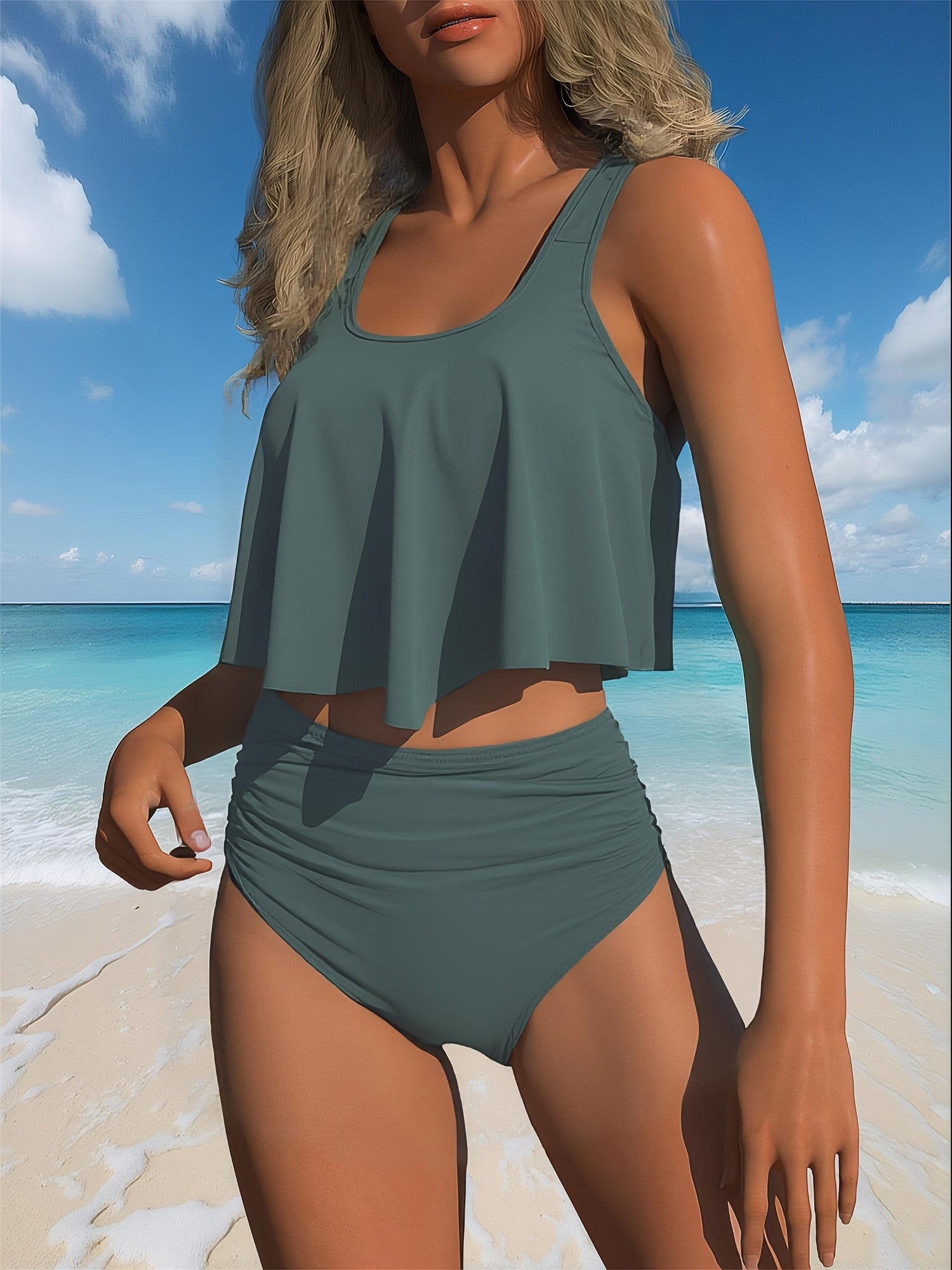 High-End Sexy Tankini Two-Piece Set for Women Pleated Edge High Waisted Pants Fashionable Hot Spring Swimsuit European and American Beach Split Swimsuit - Looped In Style