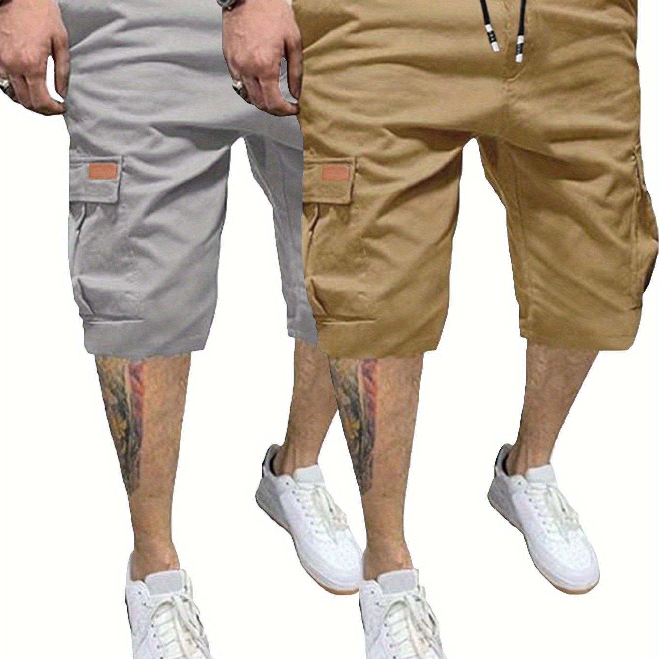 2 Pcs Men's Casual Cargo Shorts with Elastic Drawstring Cotton Stretch and Multiple Pockets - Looped In Style