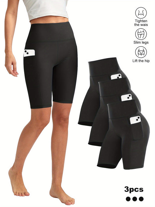 3pcs Women'S High-Waist Yoga Capri Pants With Side Pockets, Ice Touch Breathable, High-Elasticity Shaping, Suitable For Yoga, Fitness, Running, And Casual Wear