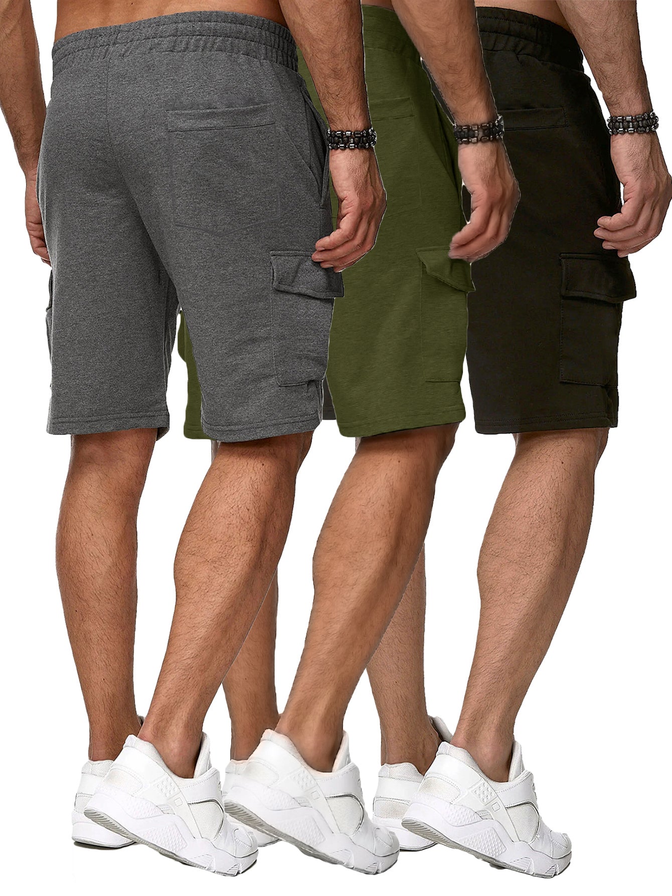 3 Pack Men's Cargo Shorts Sweatshorts with Classic Fit Cargo Pockets Elastic Drawstring Polyester Stretch Shorts for Summer Beach Workout - Looped In Style