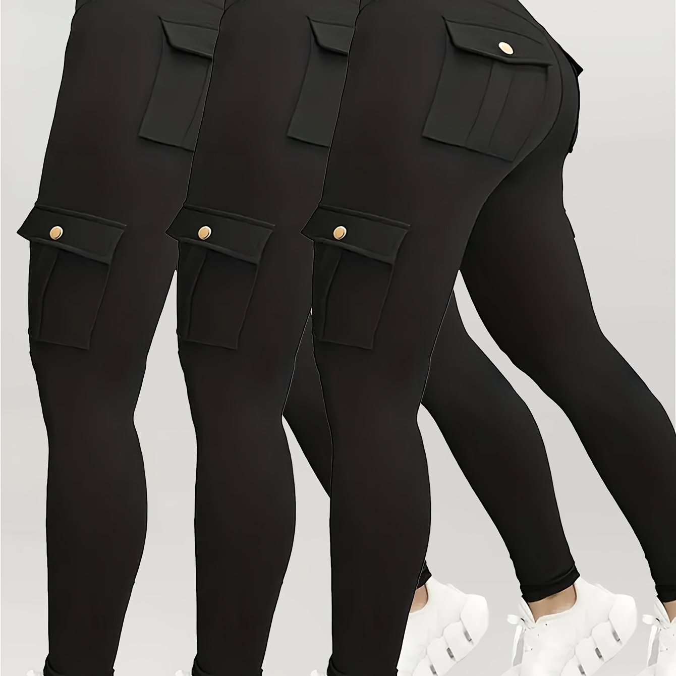 3pcs Women's High Waisted Yoga Tights with Pockets Stretchy Running and Sports Leggings with Button Design Solid Colors Black Navy Blue Gray Flap Pockets and Comfortable Polyester Blend Fabric - Looped In Style