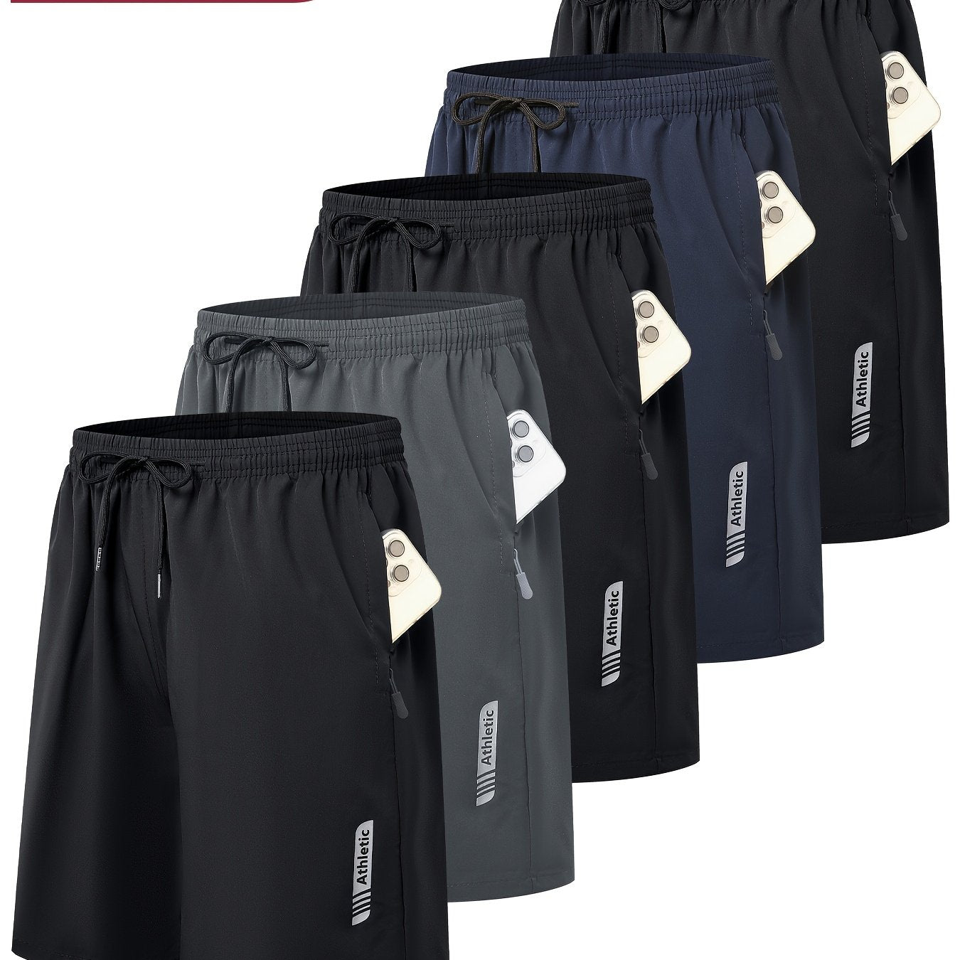 OYGSieg 5pcs Mens Sports Gym Workout Shorts Quick Drying Lightweight Basketball Running Shorts With Stretch Waistband Side Zip Pocket Woven Fabric - Looped In Style