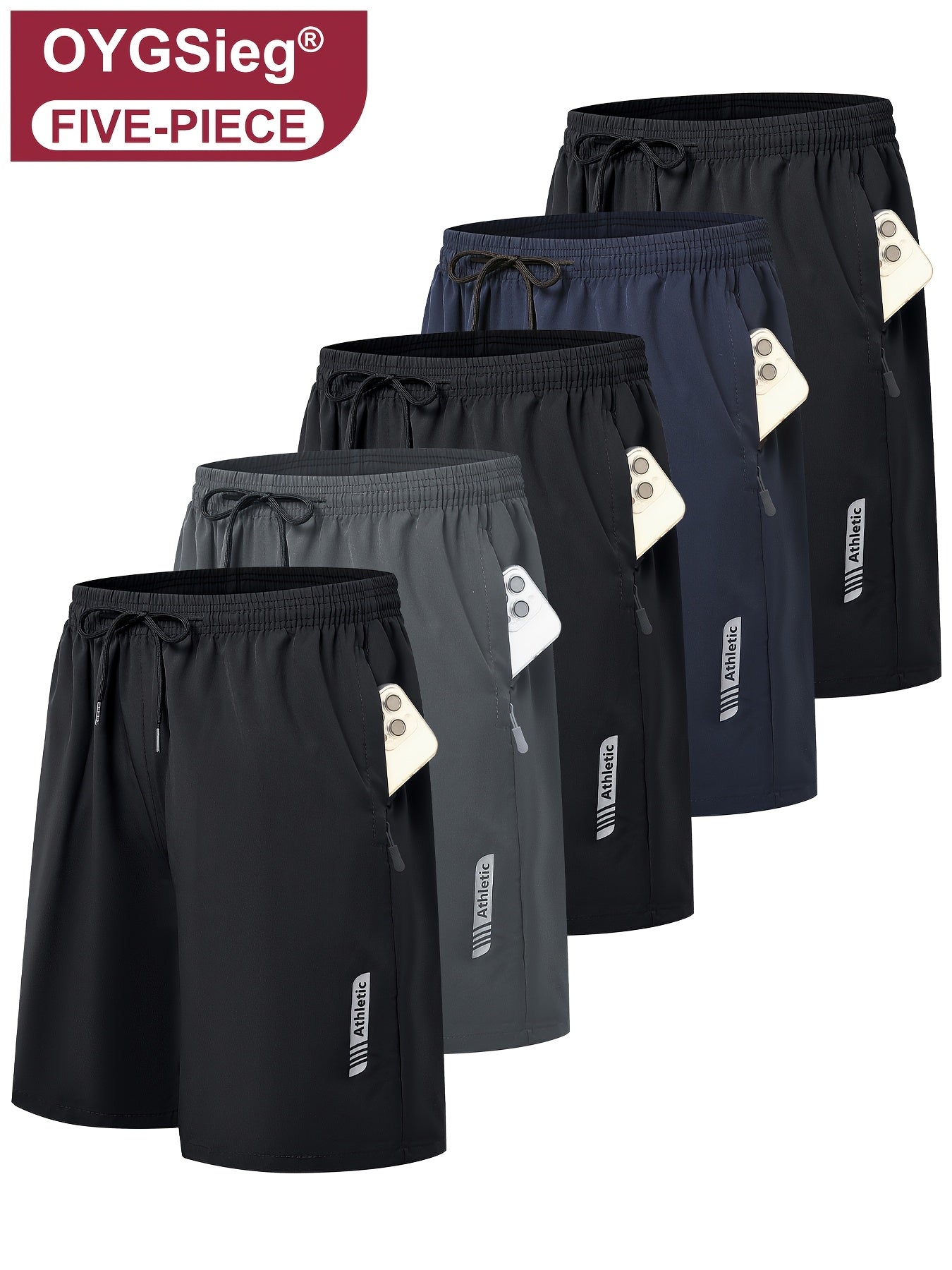OYGSieg 5pcs Mens Sports Gym Workout Shorts Quick Drying Lightweight Basketball Running Shorts With Stretch Waistband Side Zip Pocket Woven Fabric - Looped In Style