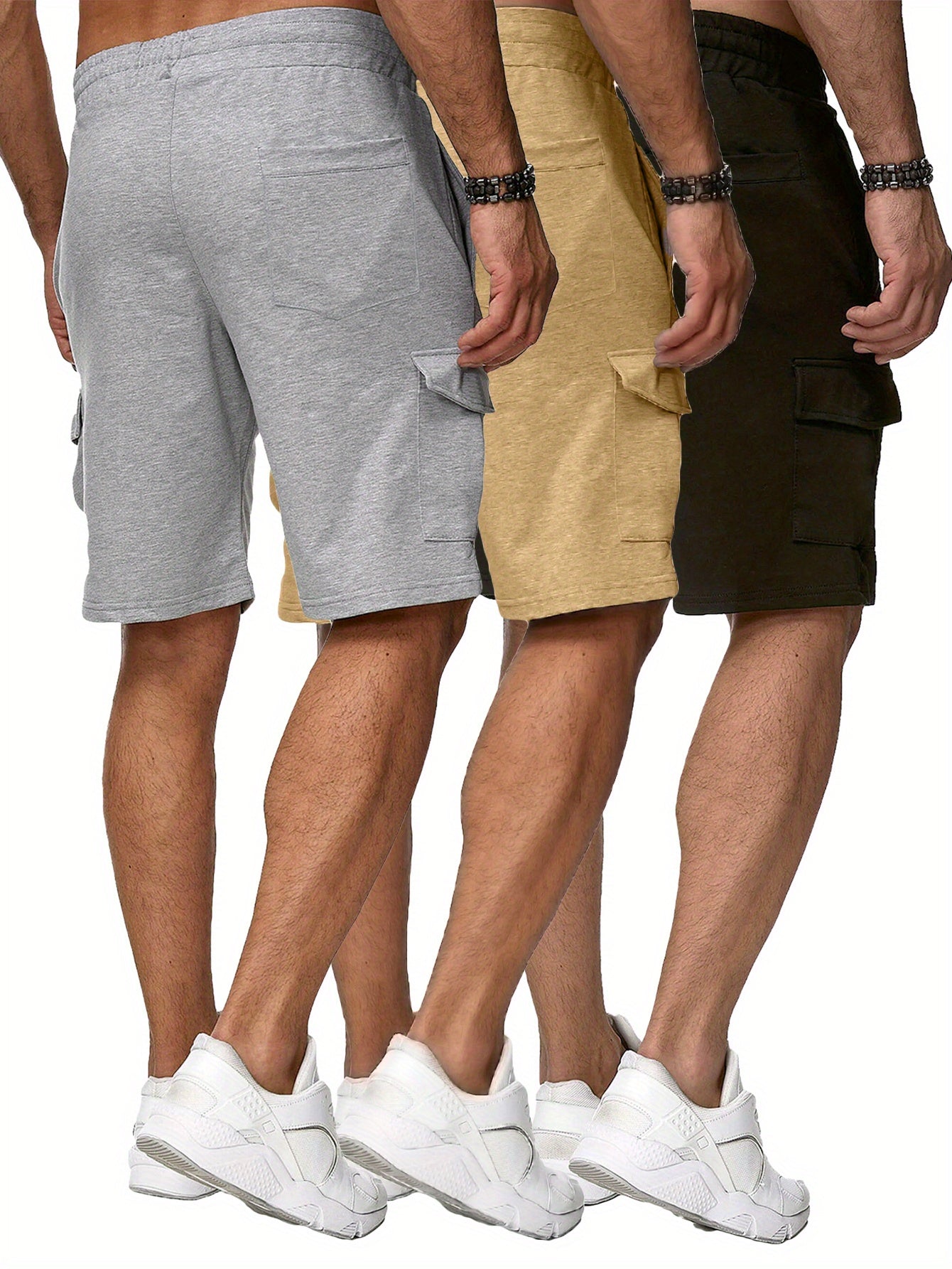 3 Pack Men's Cargo Shorts Sweatshorts with Classic Fit Cargo Pockets Elastic Drawstring Polyester Stretch Shorts for Summer Beach Workout - Looped In Style