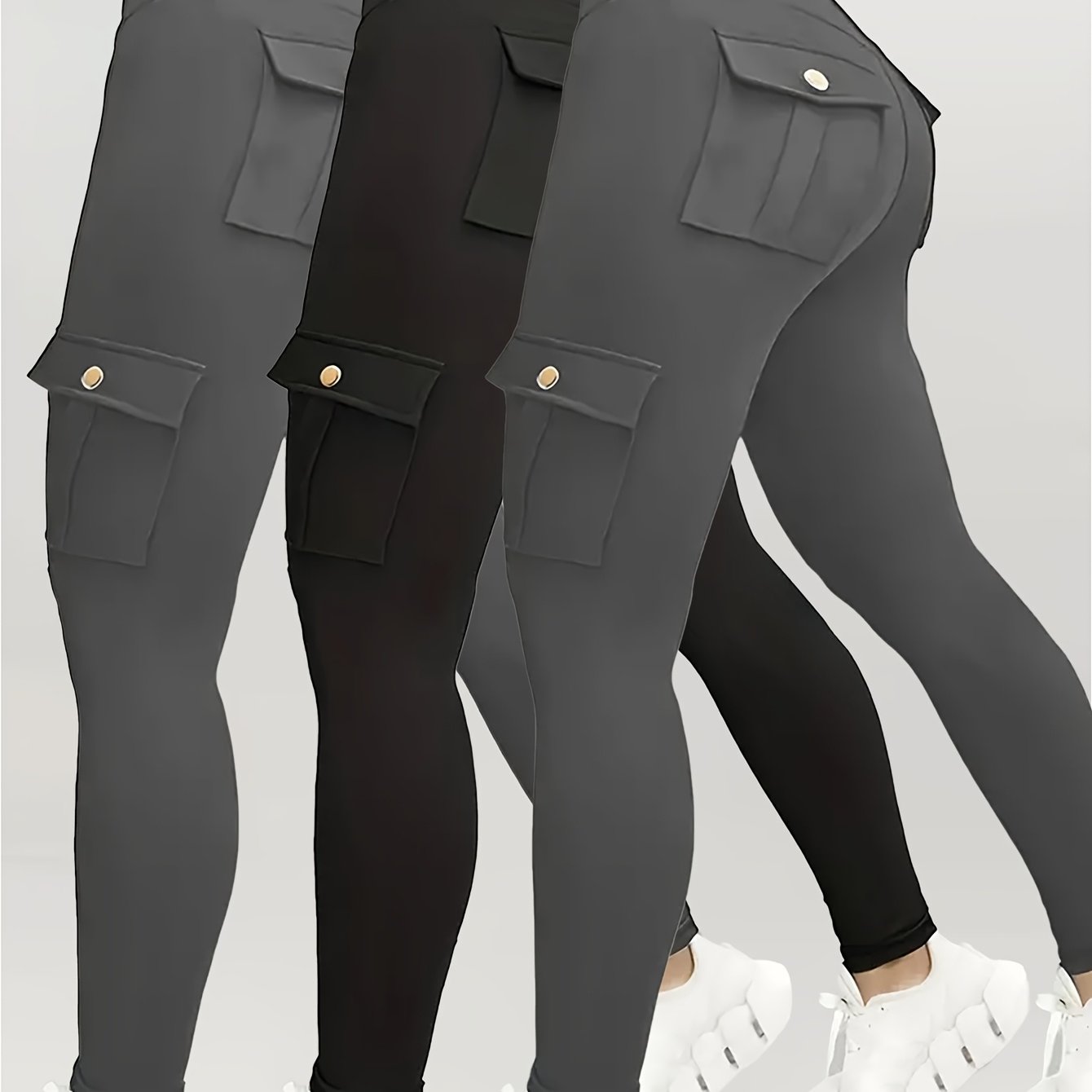 3pcs Women's High Waisted Yoga Tights with Pockets Stretchy Running and Sports Leggings with Button Design Solid Colors Black Navy Blue Gray Flap Pockets and Comfortable Polyester Blend Fabric - Looped In Style