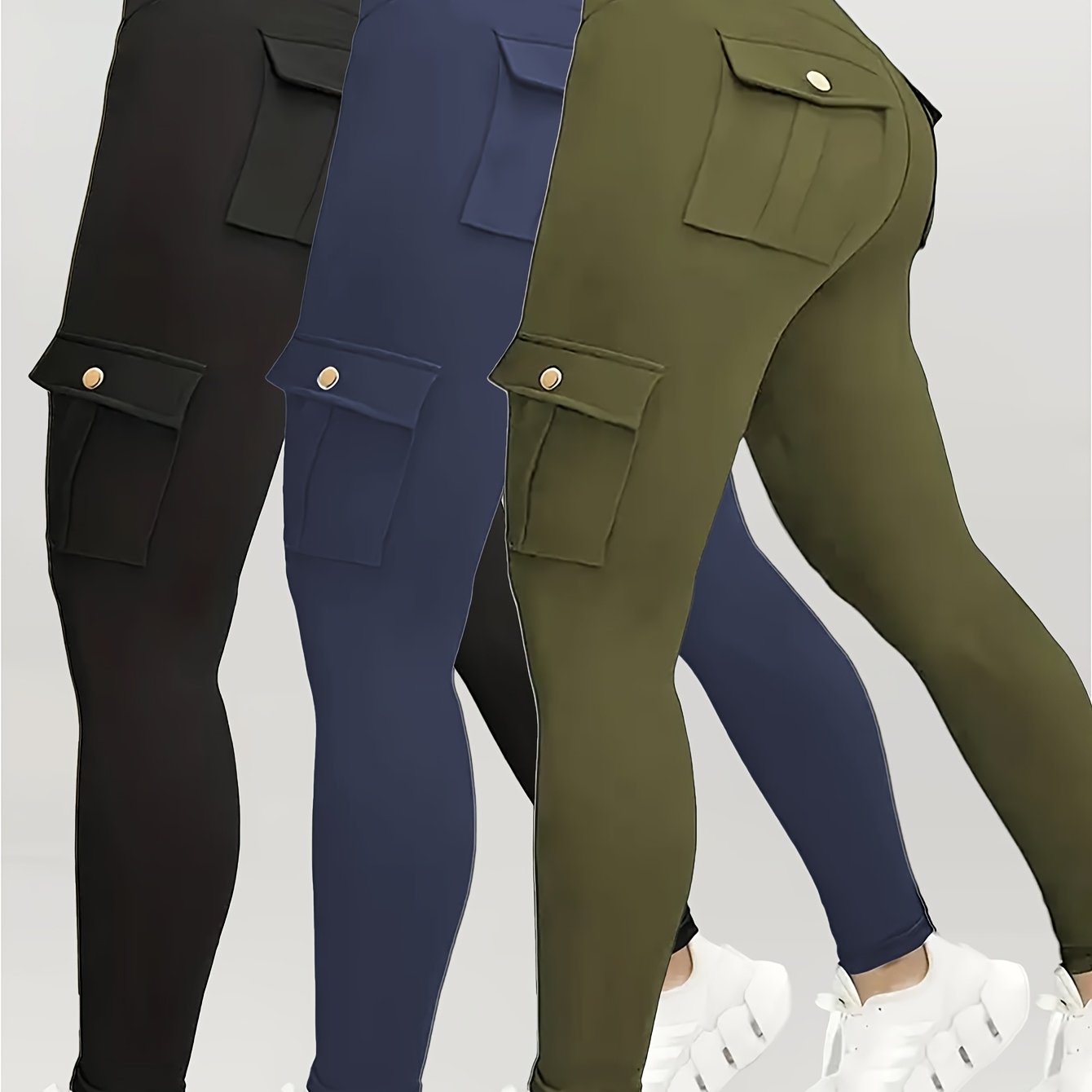 3pcs Women's High Waisted Yoga Tights with Pockets Stretchy Running and Sports Leggings with Button Design Solid Colors Black Navy Blue Gray Flap Pockets and Comfortable Polyester Blend Fabric - Looped In Style
