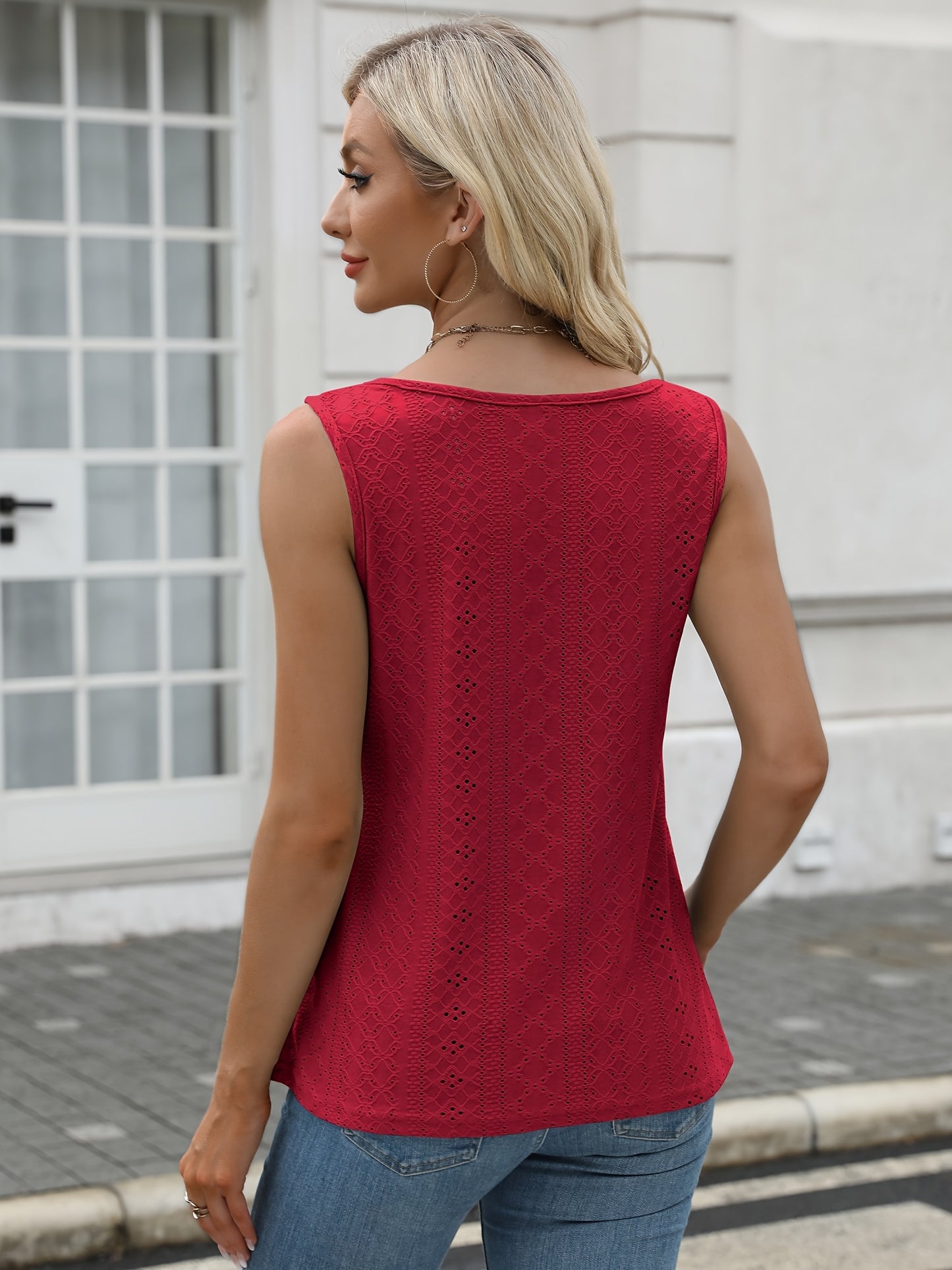 Women's 2pcs Summer Tank Top Set Sleeveless Eyelet Embroidery Loose Fit Business Casual Tops for Work and Casual Wear - Looped In Style