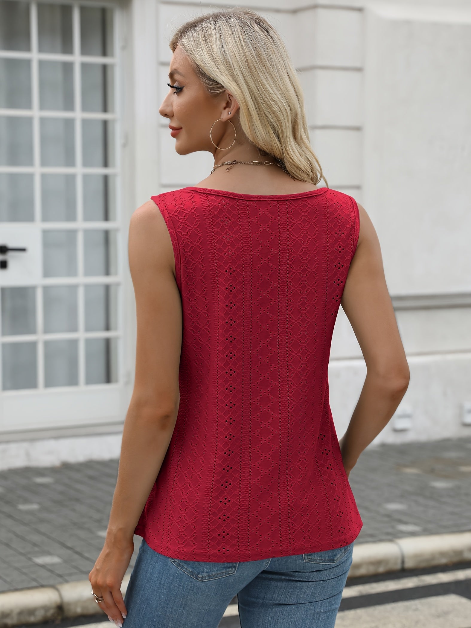 Women's 2pcs Summer Tank Top Set Sleeveless Eyelet Embroidery Loose Fit Business Casual Tops for Work and Casual Wear - Looped In Style