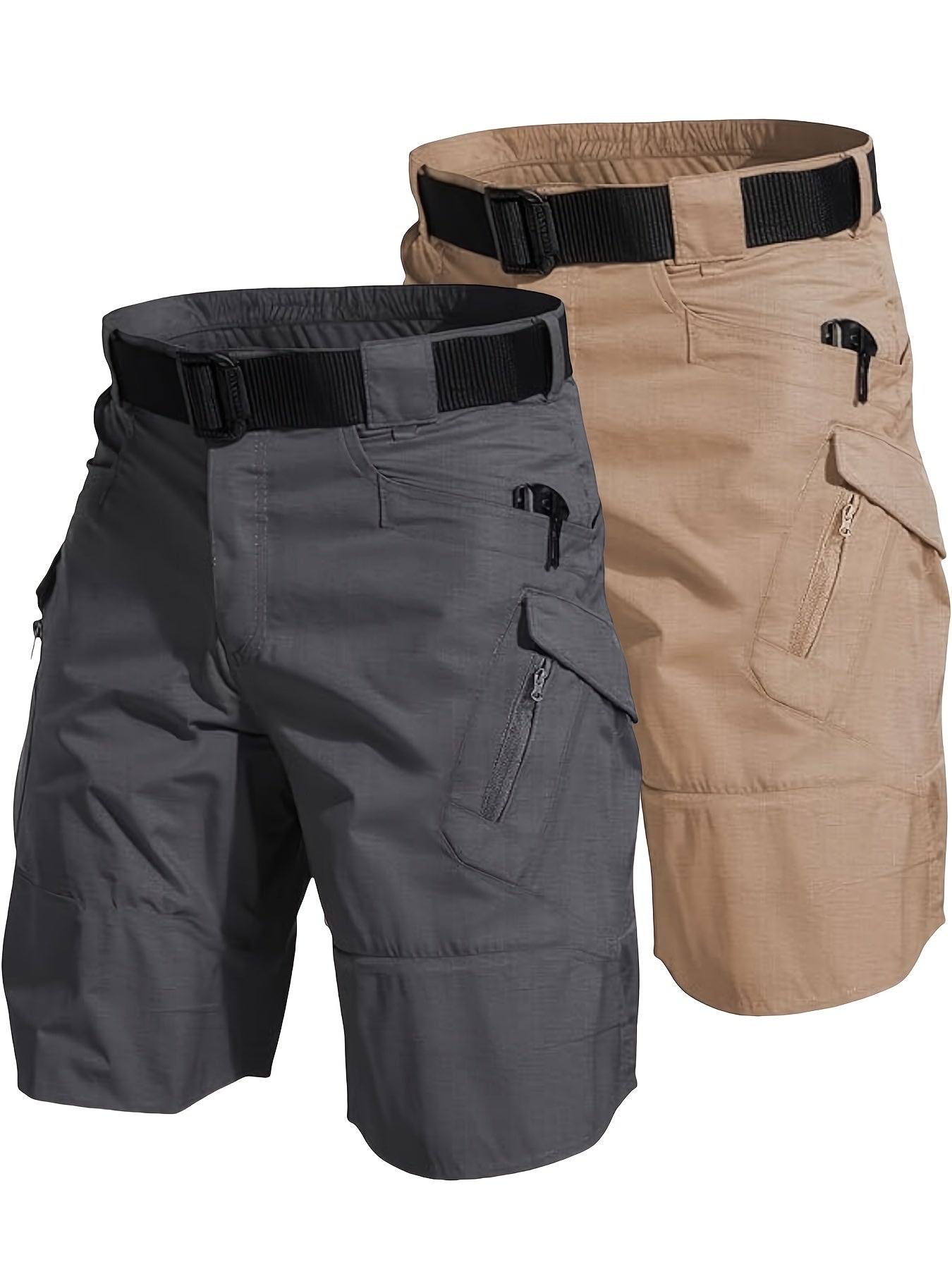 2pcs Men's Tactical Cargo Shorts Lightweight Quick Dry Breathable with Multiple Pockets Adjustable Waistband for Hiking Outdoor Activities in Gray and Beige - Looped In Style
