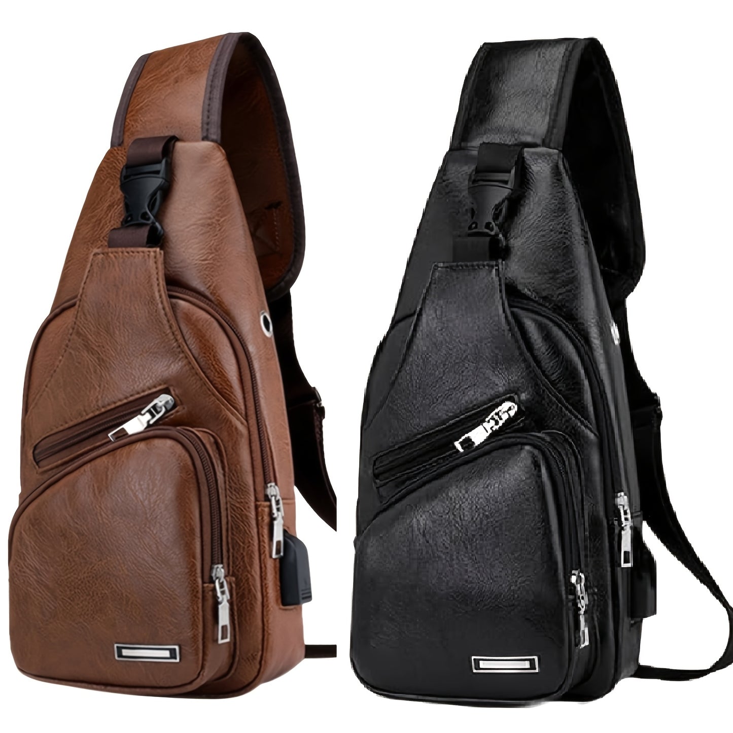 Lightweight Faux Leather Sling Chest Bag with USB Charging Port for Men and Women Crossbody Mini Sash Bag for Travel and Outdoor Camping in Light Brown and Black - Looped In Style