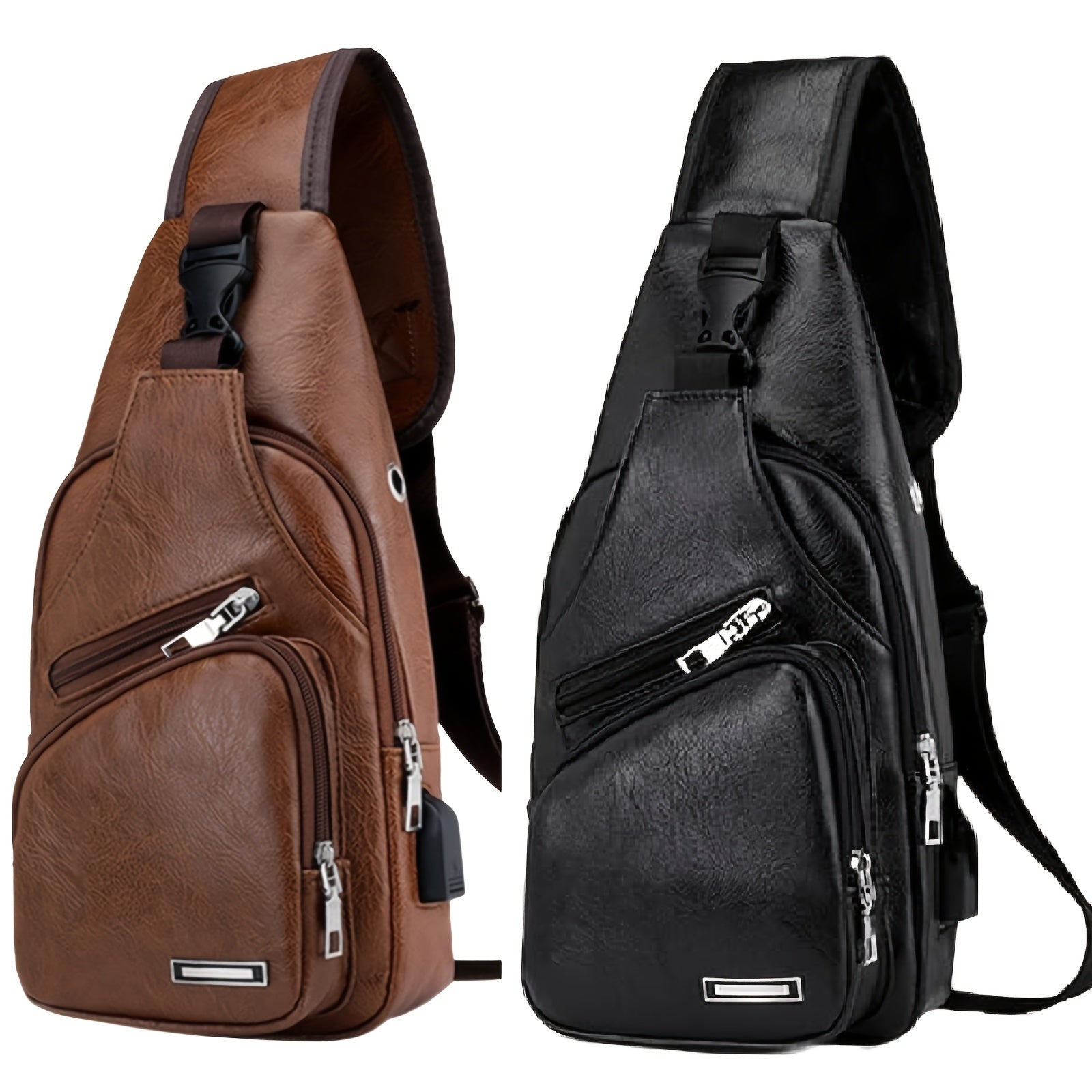 Lightweight Faux Leather Sling Chest Bag with USB Charging Port for Men and Women Crossbody Mini Sash Bag for Travel and Outdoor Camping in Light Brown and Black - Looped In Style