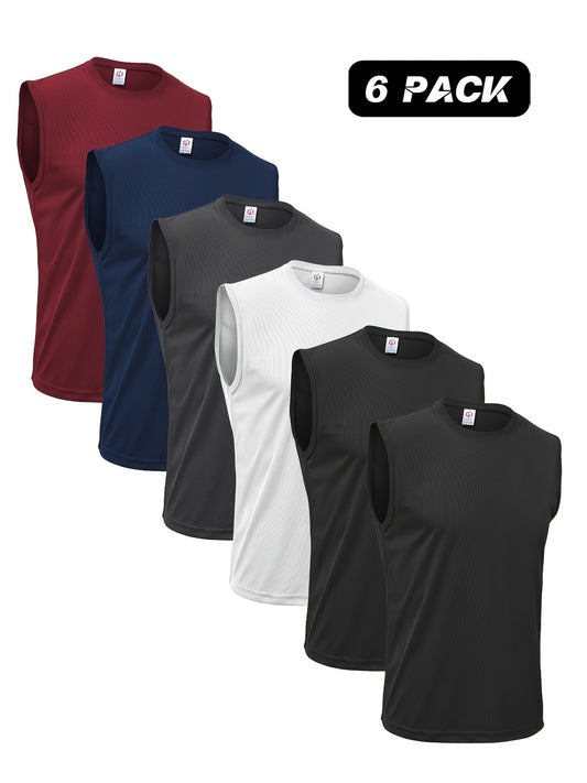 Six Pack Men's Quick Dry Tech Performance Sleeveless Tank Tops Breathable Mesh Workout Shirts for Gym Running and Muscle Training Moisture Wicking Loose Fit in Four Colors Navy Red White Black - Looped In Style