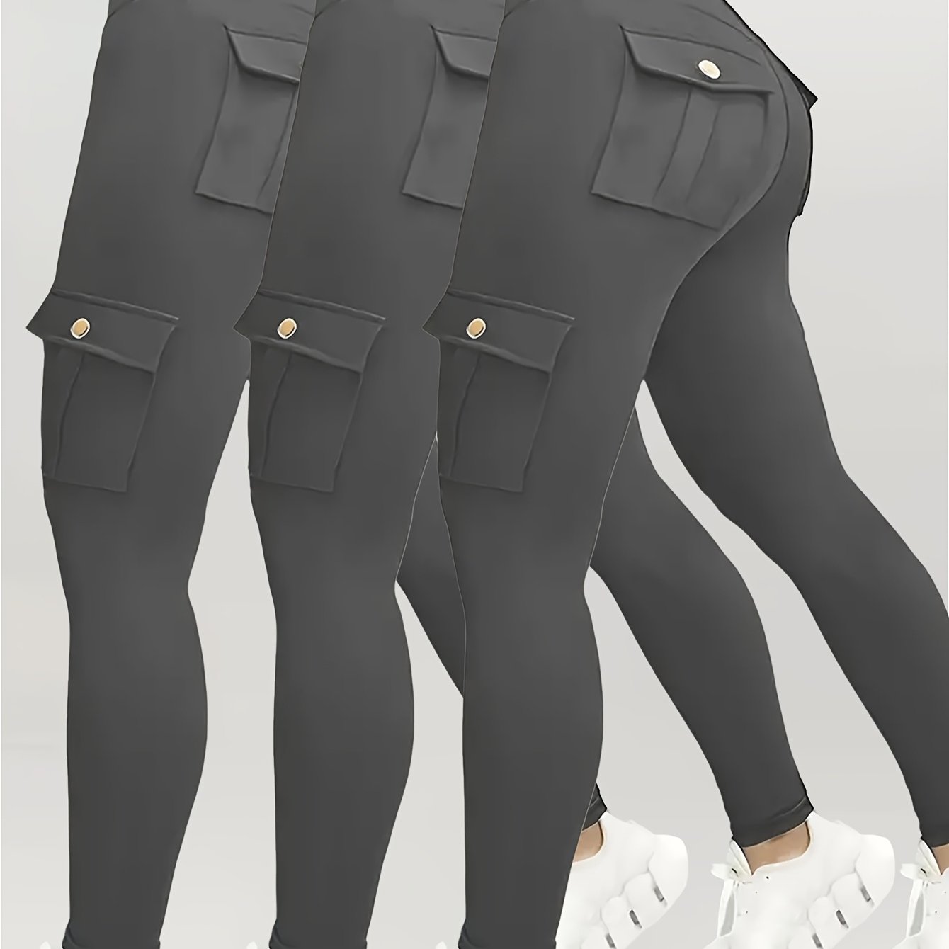 3pcs Women's High Waisted Yoga Tights with Pockets Stretchy Running and Sports Leggings with Button Design Solid Colors Black Navy Blue Gray Flap Pockets and Comfortable Polyester Blend Fabric - Looped In Style