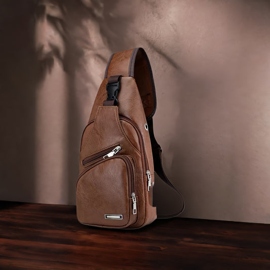 Lightweight Faux Leather Sling Chest Bag with USB Charging Port for Men and Women Crossbody Mini Sash Bag for Travel and Outdoor Camping in Light Brown and Black - Looped In Style