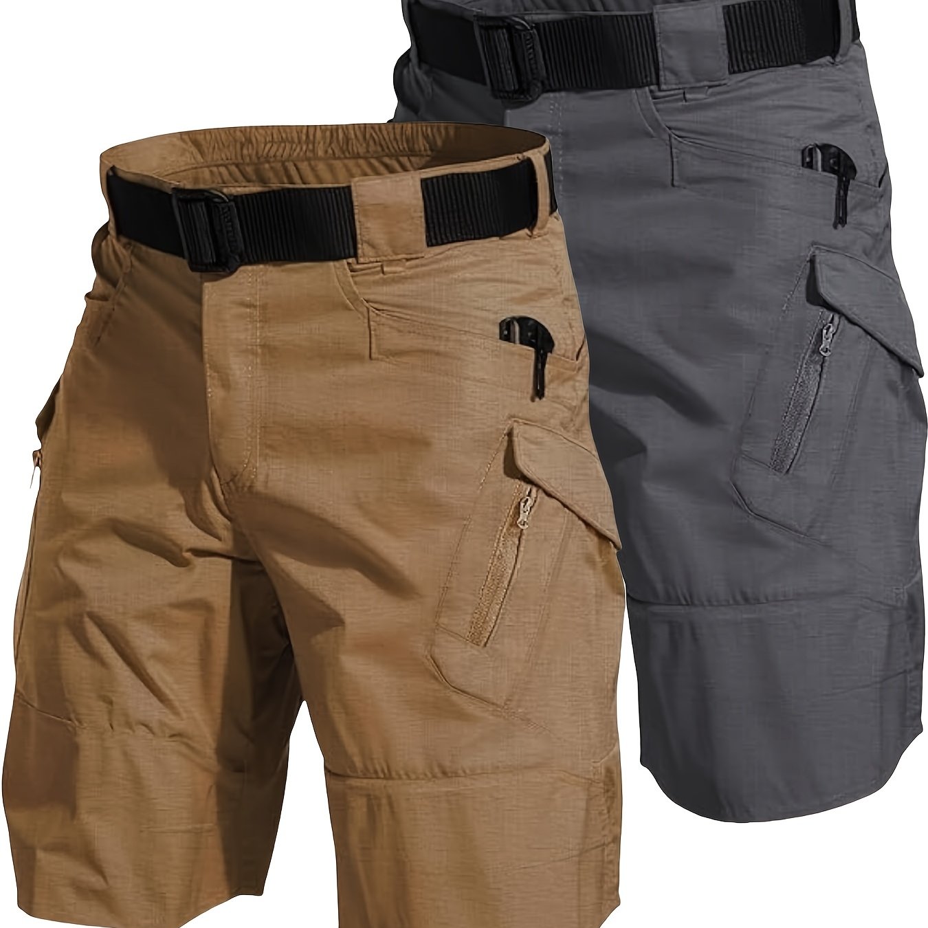 2pcs Men's Tactical Cargo Shorts Lightweight Quick Dry Breathable with Multiple Pockets Adjustable Waistband for Hiking Outdoor Activities in Gray and Beige - Looped In Style