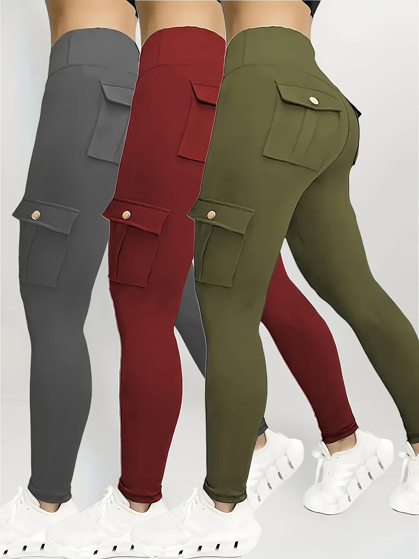 3pcs Women's High Waisted Yoga Tights with Pockets Stretchy Running and Sports Leggings with Button Design Solid Colors Black Navy Blue Gray Flap Pockets and Comfortable Polyester Blend Fabric - Looped In Style