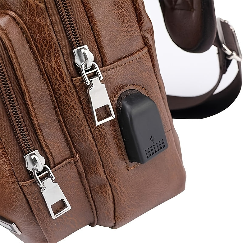 Lightweight Faux Leather Sling Chest Bag with USB Charging Port for Men and Women Crossbody Mini Sash Bag for Travel and Outdoor Camping in Light Brown and Black - Looped In Style