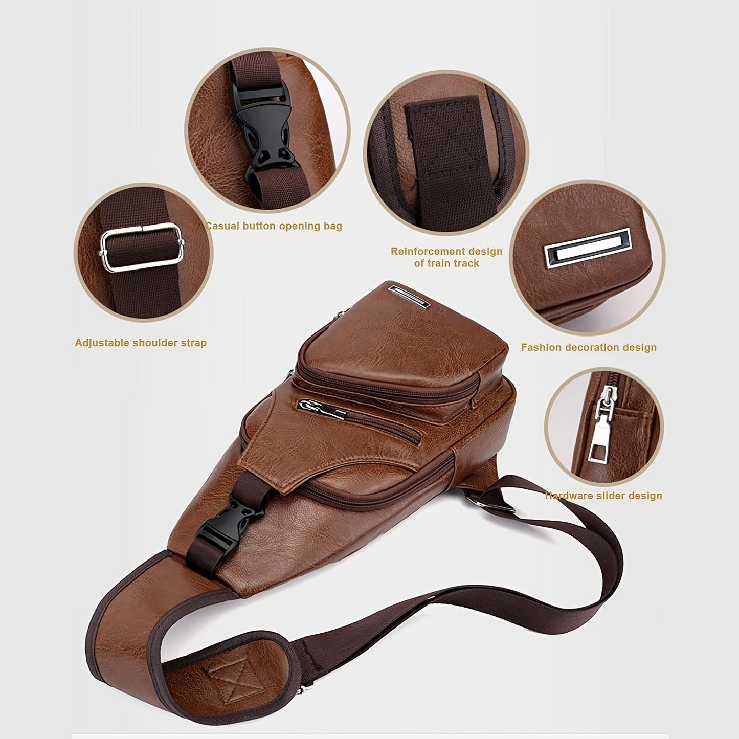 Lightweight Faux Leather Sling Chest Bag with USB Charging Port for Men and Women Crossbody Mini Sash Bag for Travel and Outdoor Camping in Light Brown and Black - Looped In Style