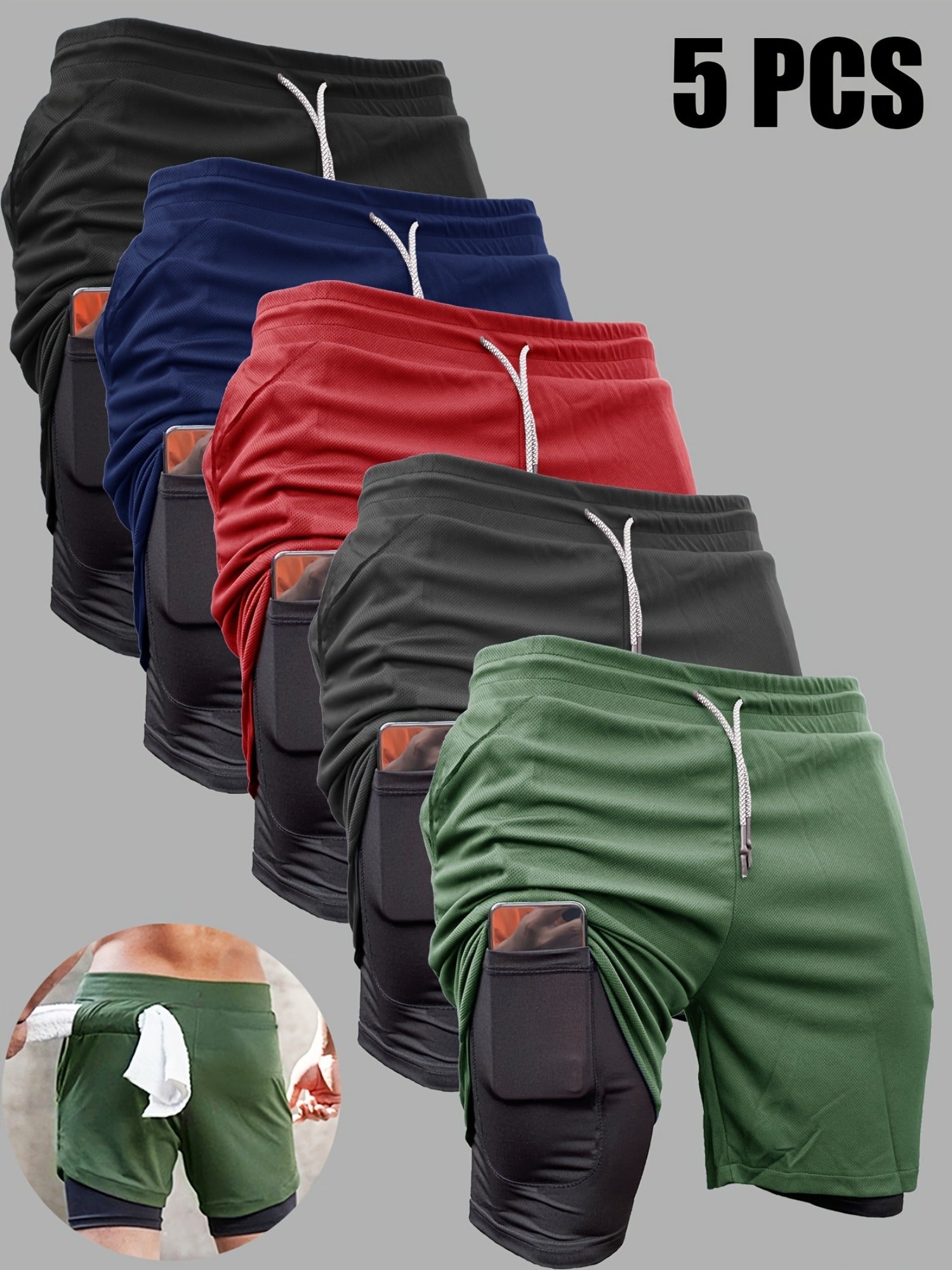 5pcs Men's 2-in-1 Double Layer Shorts with Inner Pockets - Looped In Style