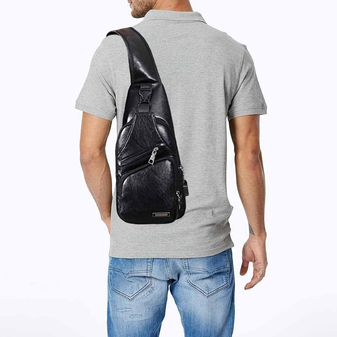 Lightweight Faux Leather Sling Chest Bag with USB Charging Port for Men and Women Crossbody Mini Sash Bag for Travel and Outdoor Camping in Light Brown and Black - Looped In Style