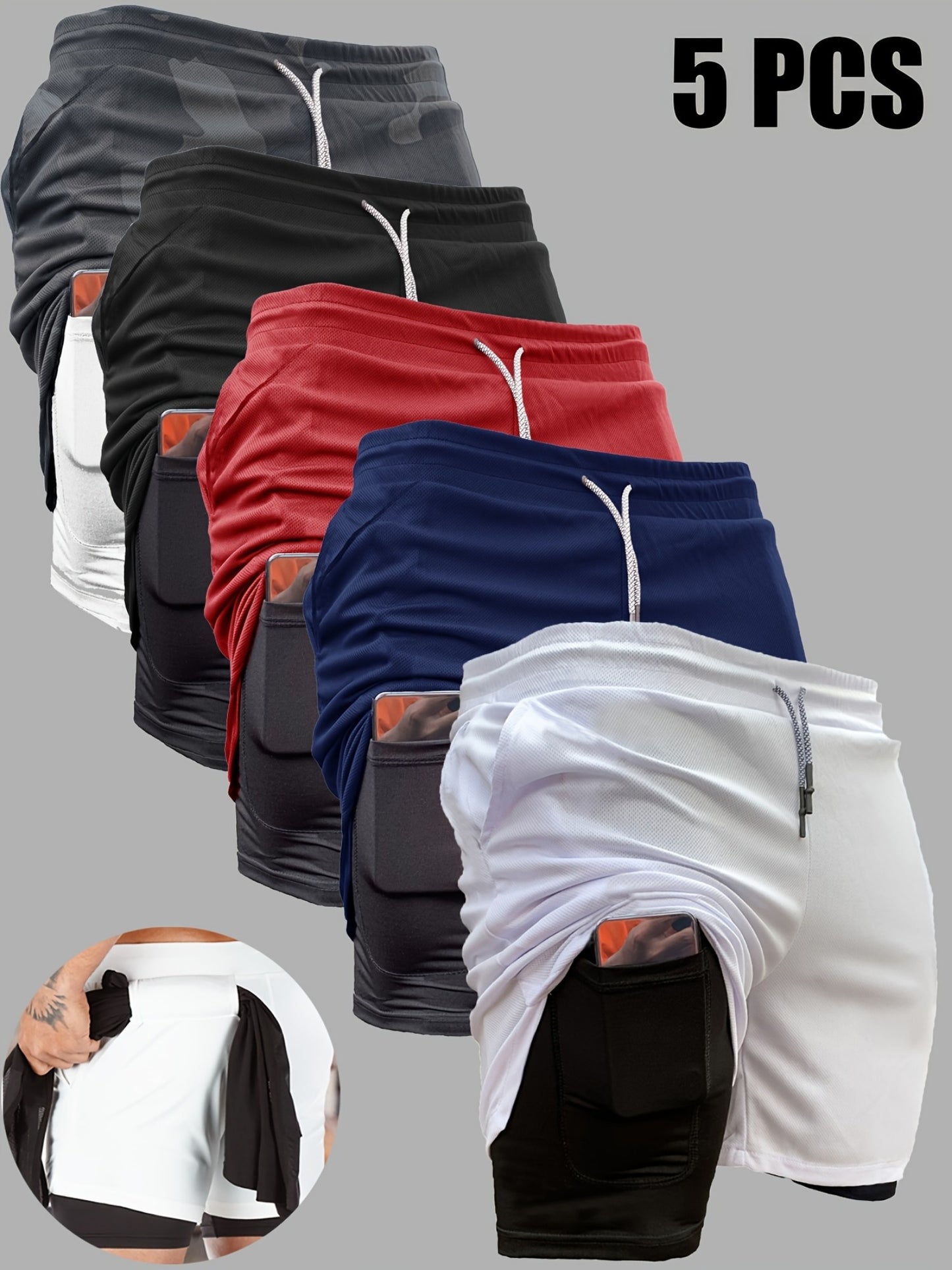 5pcs Men's 2-in-1 Double Layer Shorts with Inner Pockets - Looped In Style