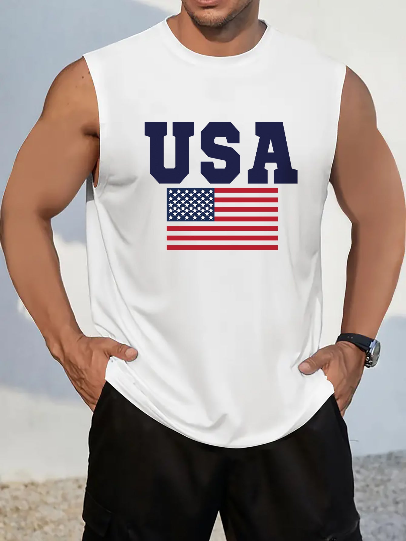 Summer Cotton Men's Fashion USA Letter Printed Short Sleeve T Shirt Round Neck Pullover Breathable Sleeveless Vest - Looped In Style