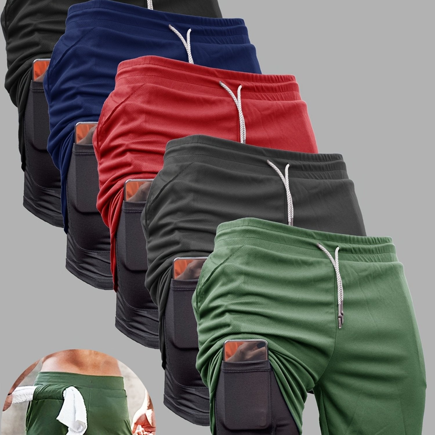 5pcs Men's 2-in-1 Double Layer Shorts with Inner Pockets - Looped In Style
