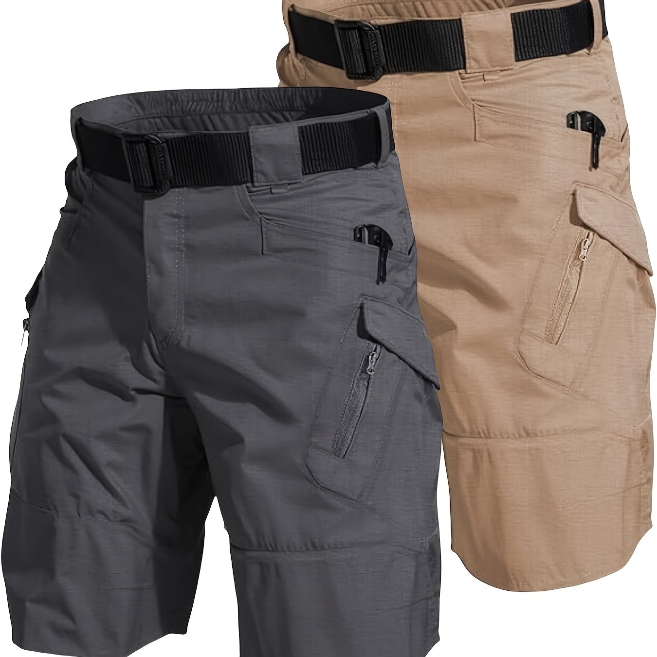 2pcs Men's Tactical Cargo Shorts Lightweight Quick Dry Breathable with Multiple Pockets Adjustable Waistband for Hiking Outdoor Activities in Gray and Beige - Looped In Style
