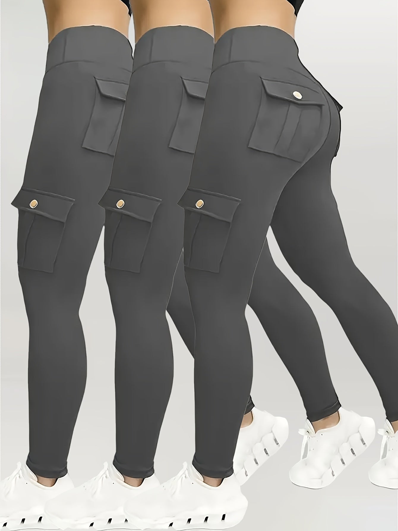 3pcs Women's High Waisted Yoga Tights with Pockets Stretchy Running and Sports Leggings with Button Design Solid Colors Black Navy Blue Gray Flap Pockets and Comfortable Polyester Blend Fabric - Looped In Style