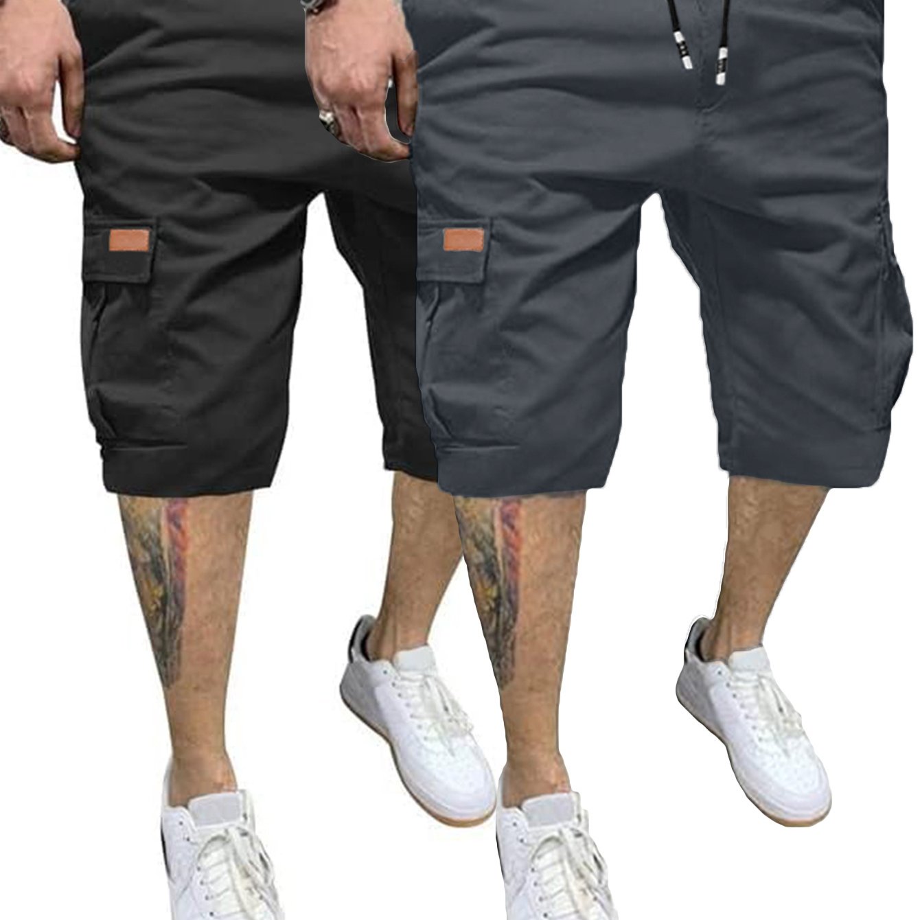 2 Pcs Men's Casual Cargo Shorts with Elastic Drawstring Cotton Stretch and Multiple Pockets - Looped In Style