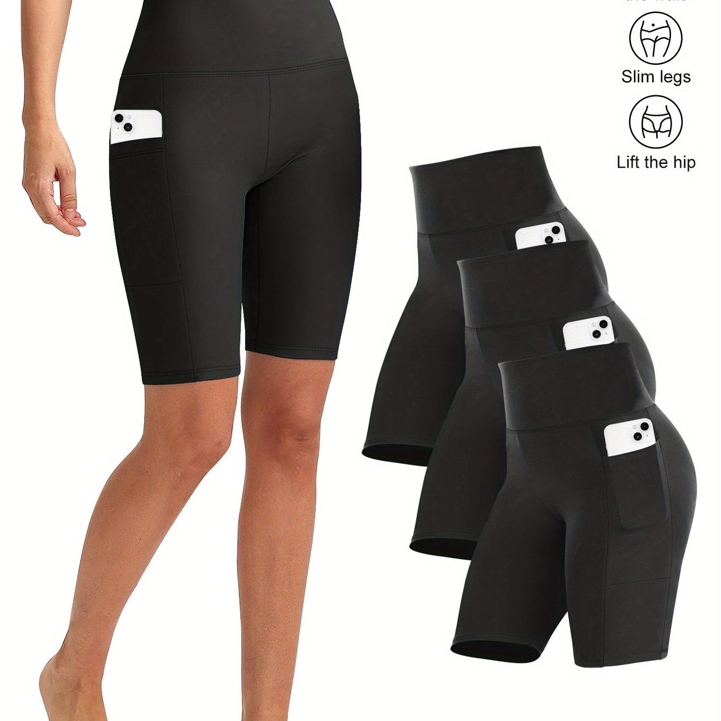 3pcs Women'S High-Waist Yoga Capri Pants With Side Pockets, Ice Touch Breathable, High-Elasticity Shaping, Suitable For Yoga, Fitness, Running, And Casual Wear