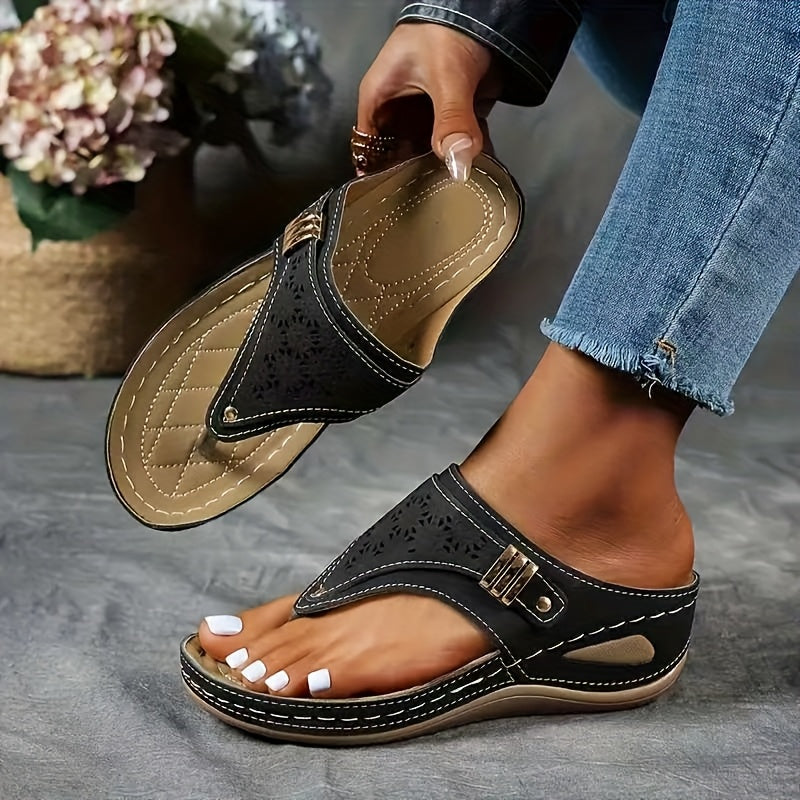 [Comfort Sandals] Breathable Women's Wedge Toe-Thong Sandals | Super Hit Sandals for Women | Comfort Summer Footwear Perforated Buckle Design - Looped In Style