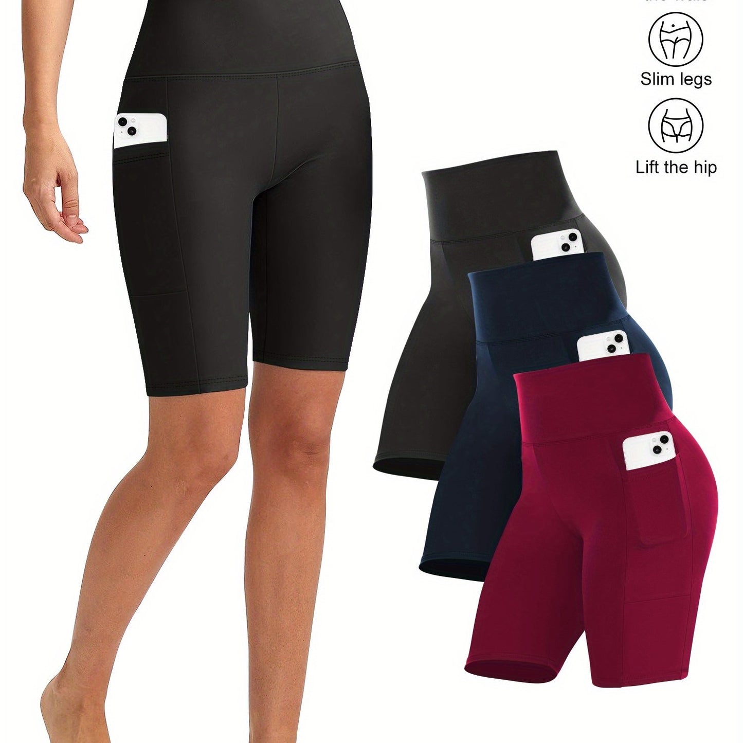 3pcs Women'S High-Waist Yoga Capri Pants With Side Pockets, Ice Touch Breathable, High-Elasticity Shaping, Suitable For Yoga, Fitness, Running, And Casual Wear
