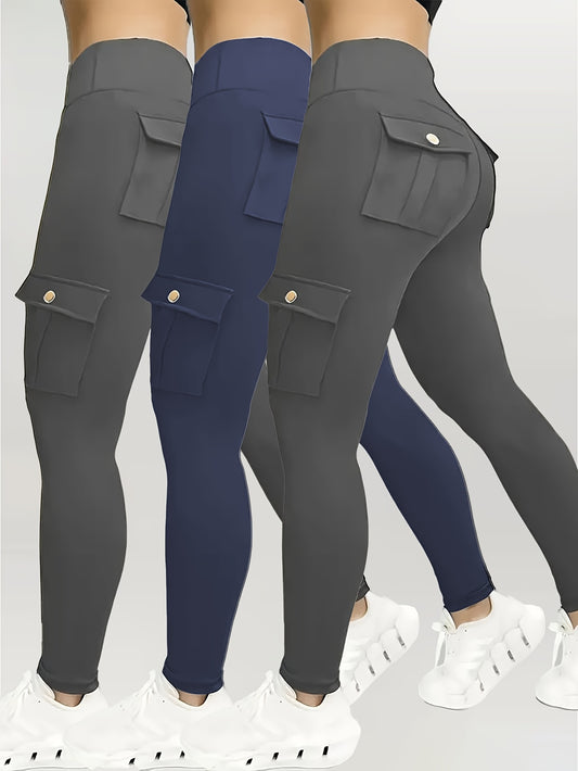 3pcs Women's High Waisted Yoga Tights with Pockets Stretchy Running and Sports Leggings with Button Design Solid Colors Black Navy Blue Gray Flap Pockets and Comfortable Polyester Blend Fabric - Looped In Style