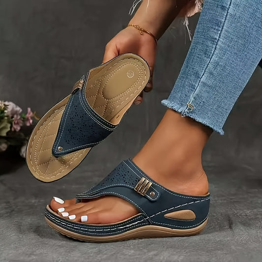 [Comfort Sandals] Breathable Women's Wedge Toe-Thong Sandals | Super Hit Sandals for Women | Comfort Summer Footwear Perforated Buckle Design - Looped In Style
