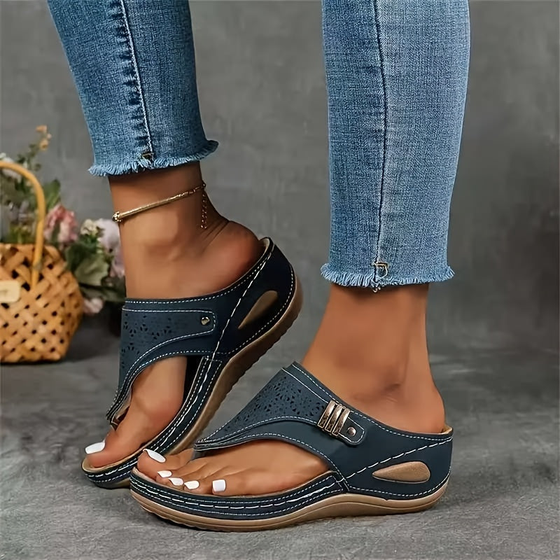 [Comfort Sandals] Breathable Women's Wedge Toe-Thong Sandals | Super Hit Sandals for Women | Comfort Summer Footwear Perforated Buckle Design - Looped In Style