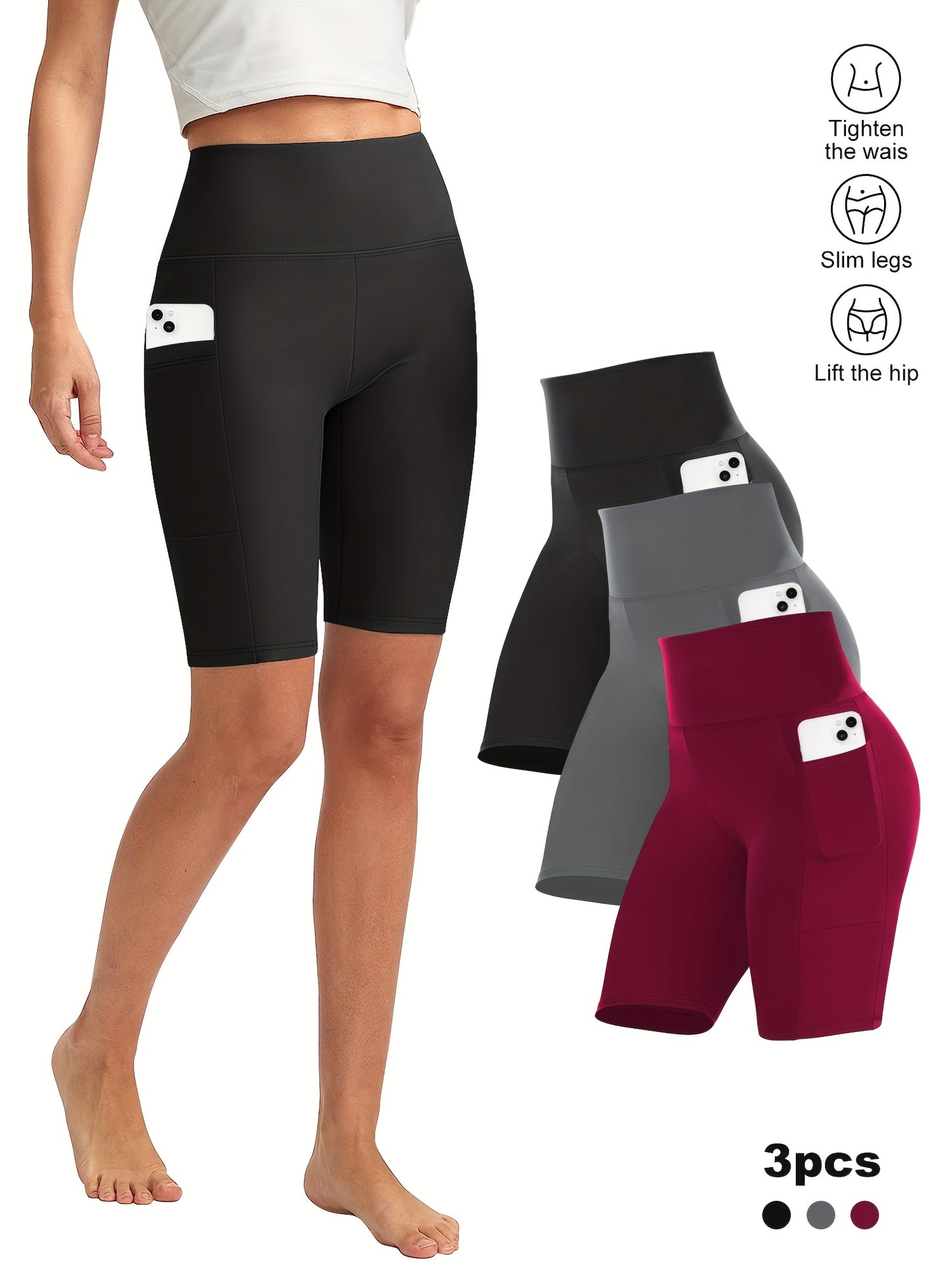 3pcs Women'S High-Waist Yoga Capri Pants With Side Pockets, Ice Touch Breathable, High-Elasticity Shaping, Suitable For Yoga, Fitness, Running, And Casual Wear