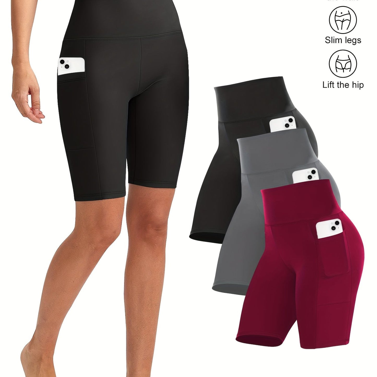 3pcs Women'S High-Waist Yoga Capri Pants With Side Pockets, Ice Touch Breathable, High-Elasticity Shaping, Suitable For Yoga, Fitness, Running, And Casual Wear