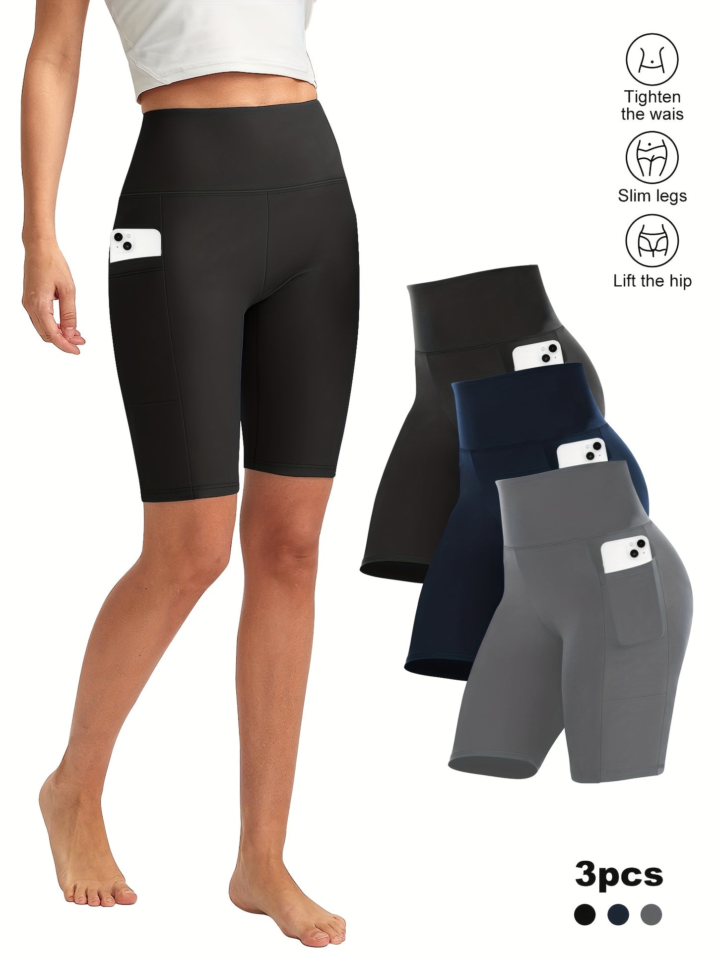 3pcs Women'S High-Waist Yoga Capri Pants With Side Pockets, Ice Touch Breathable, High-Elasticity Shaping, Suitable For Yoga, Fitness, Running, And Casual Wear