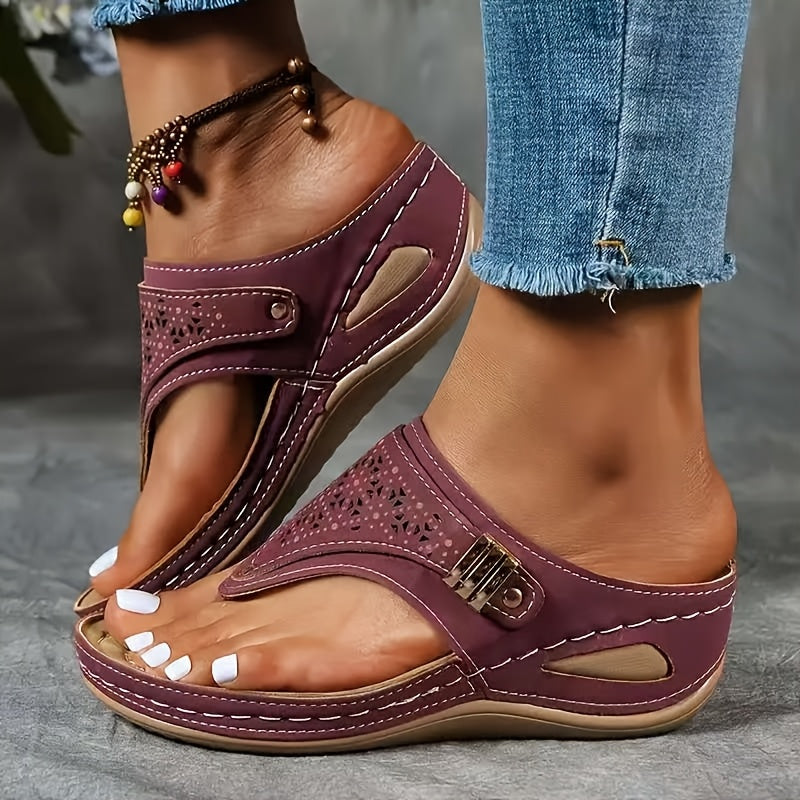 [Comfort Sandals] Breathable Women's Wedge Toe-Thong Sandals | Super Hit Sandals for Women | Comfort Summer Footwear Perforated Buckle Design - Looped In Style