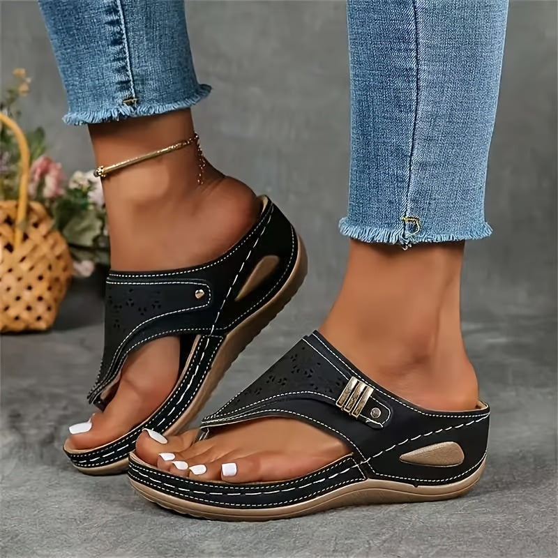 [Comfort Sandals] Breathable Women's Wedge Toe-Thong Sandals | Super Hit Sandals for Women | Comfort Summer Footwear Perforated Buckle Design - Looped In Style