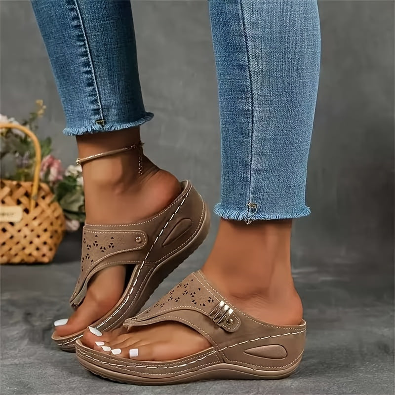 [Comfort Sandals] Breathable Women's Wedge Toe-Thong Sandals | Super Hit Sandals for Women | Comfort Summer Footwear Perforated Buckle Design - Looped In Style